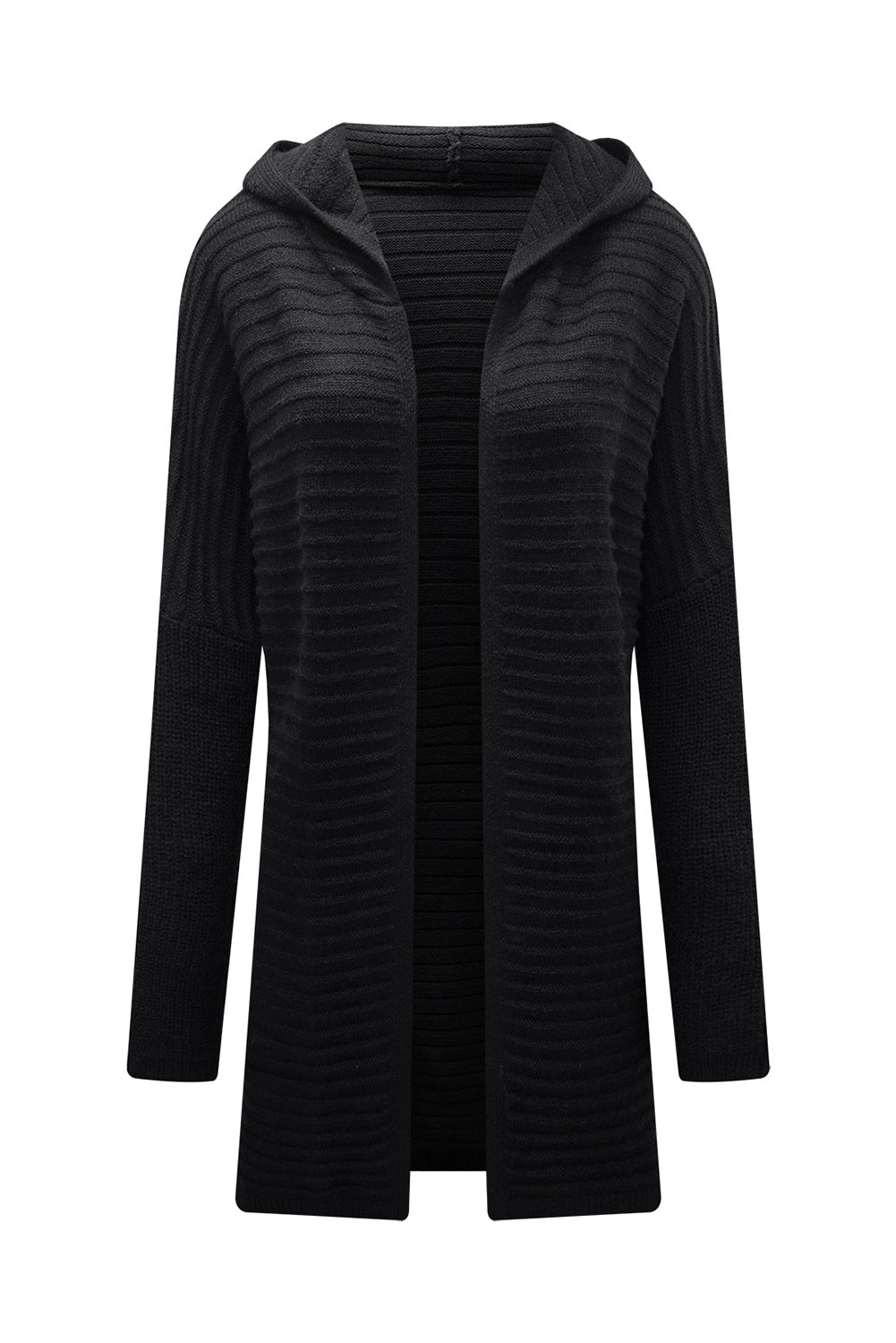 Black Horizontal Rib Knitted Open Front Hooded Cardigan