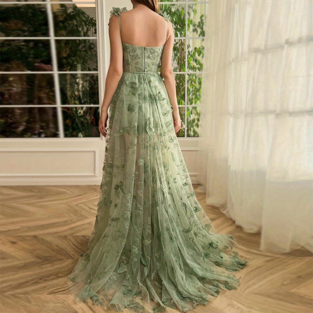Elegant Long Sheer Flowy Floral & Butterfly Lace Gown