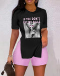 Women’s Printed Two-Piece Shorts Set – Trendy Split Sleeve Casual Matching Outfit Black Female Head CJ Dropshipping Plus Size Shorts Sets