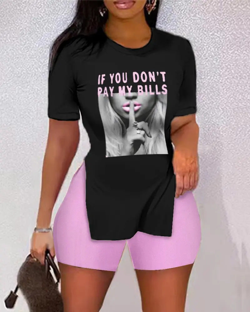 Women’s Printed Two-Piece Shorts Set – Trendy Split Sleeve Casual Matching Outfit Black Female Head CJ Dropshipping Plus Size Shorts Sets