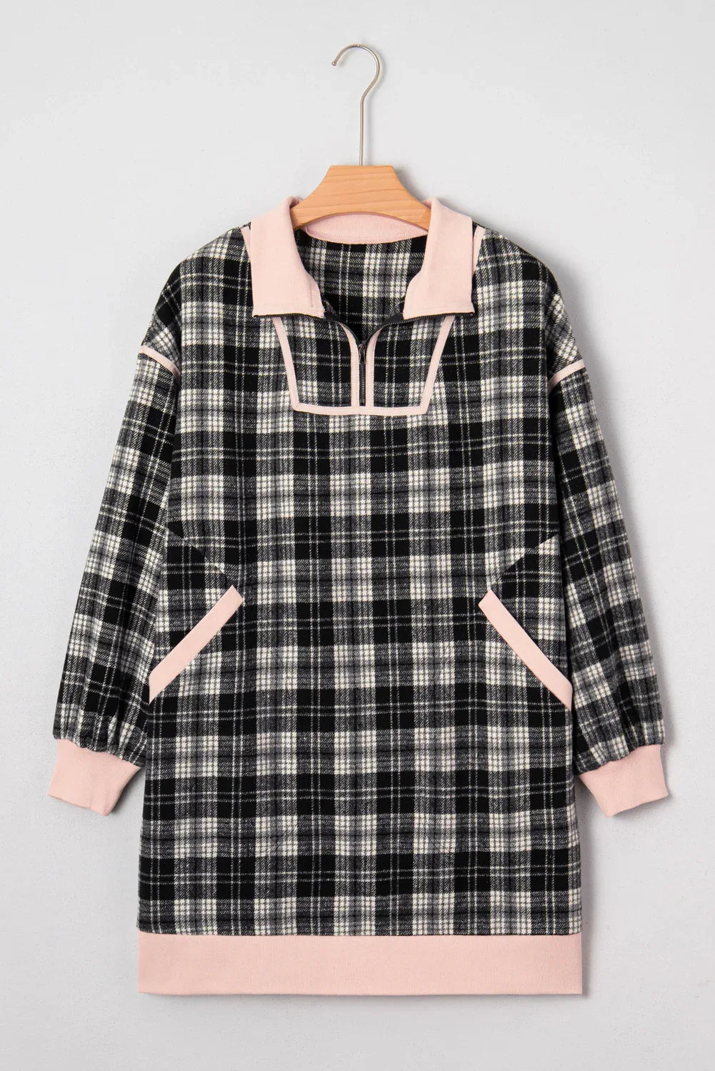 Black Plaid Polo Pink Collar Zip up Contrast Trim Long Sleeve Mini Dress Bazaarre Mart Dresses/Mini Dresses