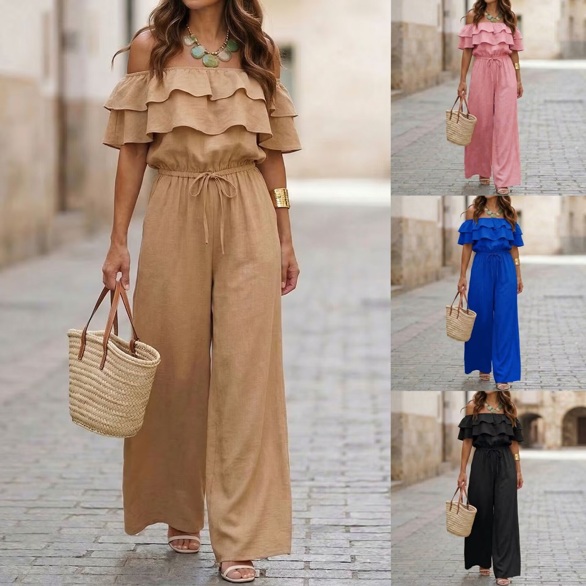 Women’s Ruffled Off-Shoulder Cinched Waist Wide Leg Jumpsuit CJ Dropshipping Ruffle Top Jumpsuit
