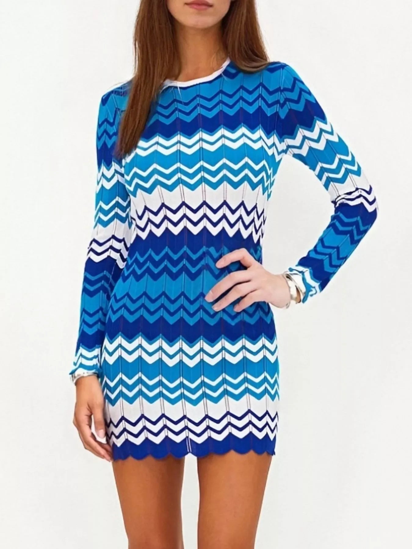 Openwork Wave Pattern Long Sleeve Sweater Dress Trendsi Striped Sweater Dress