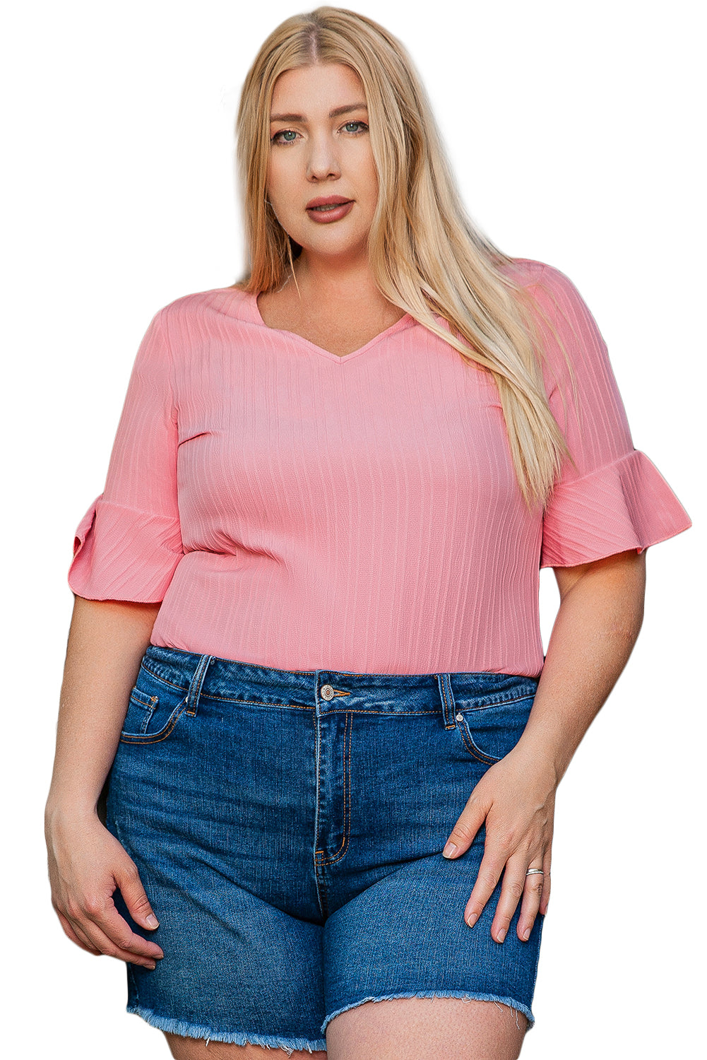 Peach Ruffled Half Sleeve V Neck Textured Plus Top