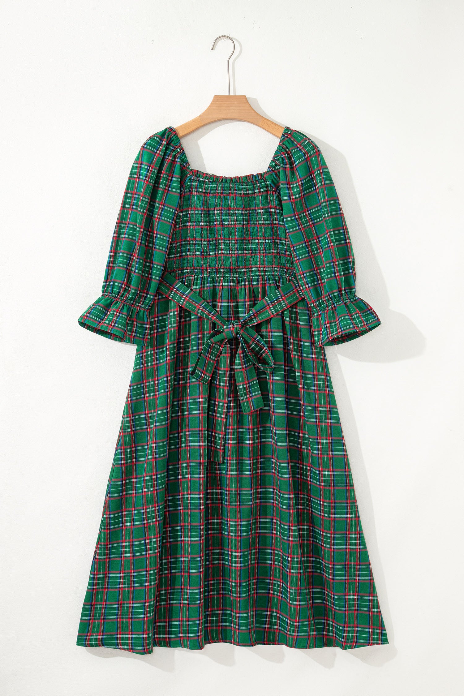 Tartan Plaid Square Neck Puff Sleeve Flared Midi Dress Bazaarre Mart Dresses/Maxi Dresses