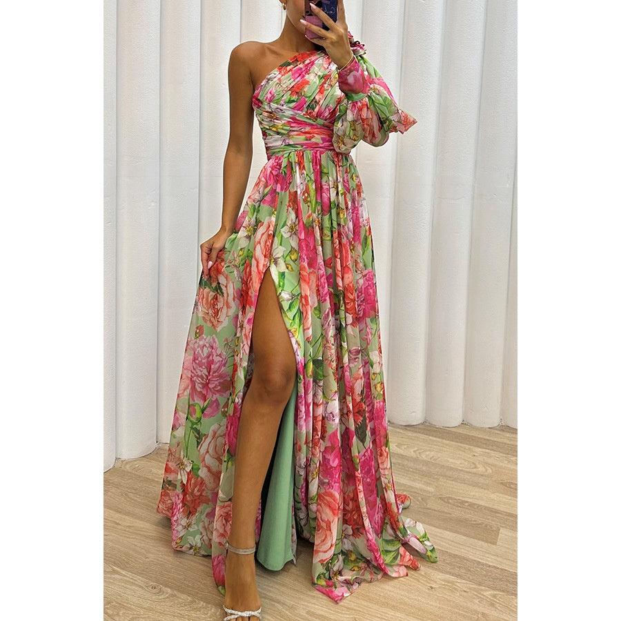 One-shoulder Long-sleeved Maxi Dress Green CJ Dropshipping Single Long Sleeve Wrap Around Maxi Dres