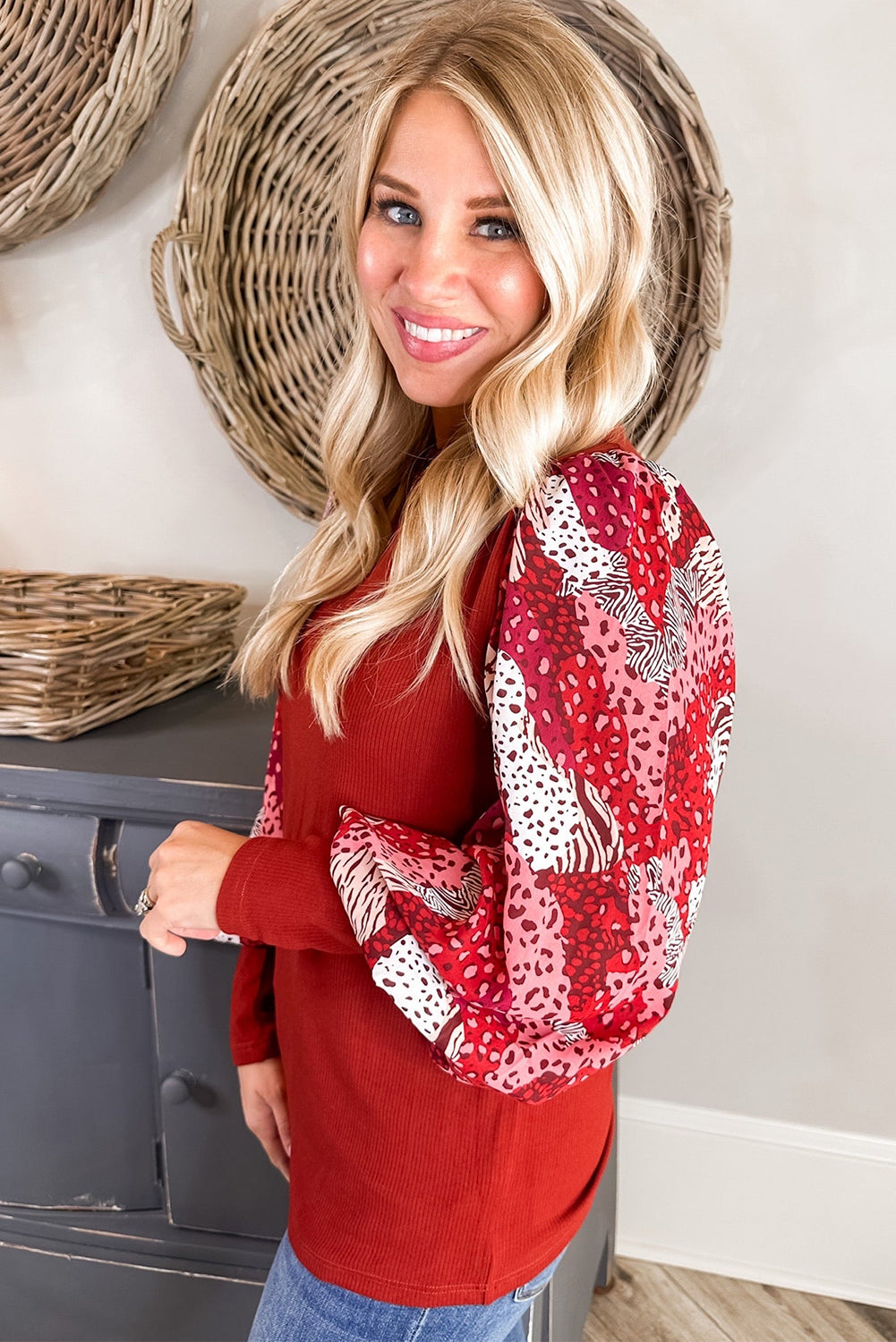 Red Contrast Lantern Sleeve Patchwork Top
