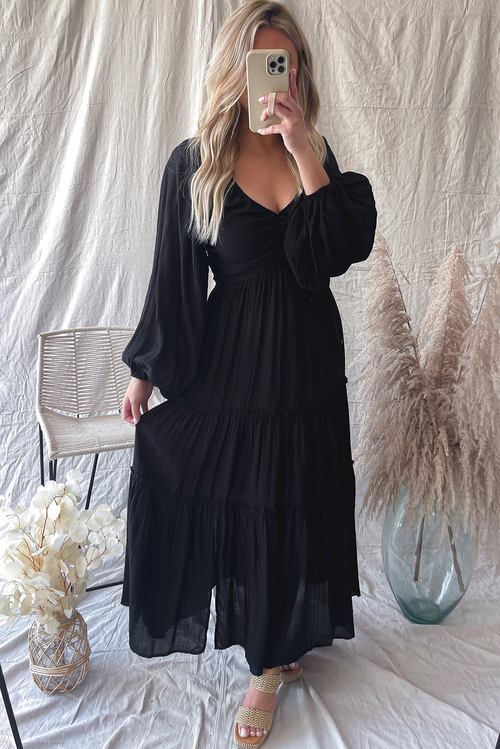 Long Sleeve V Neck Bowknot Cutout Frill Tiered Maxi Dress