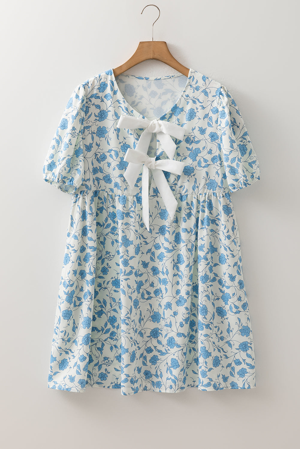 Floral Bow Front Puff Sleeve Mini Dress Shewin Short Dresses
