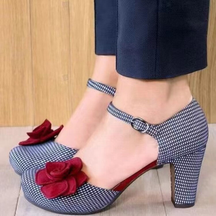 Women’s Camellia Checker Mary Jane Sandals – Round Toe Buckle Strap Flats Blue CJ Dropshipping Red Camellia Houndstooth Mary Janes