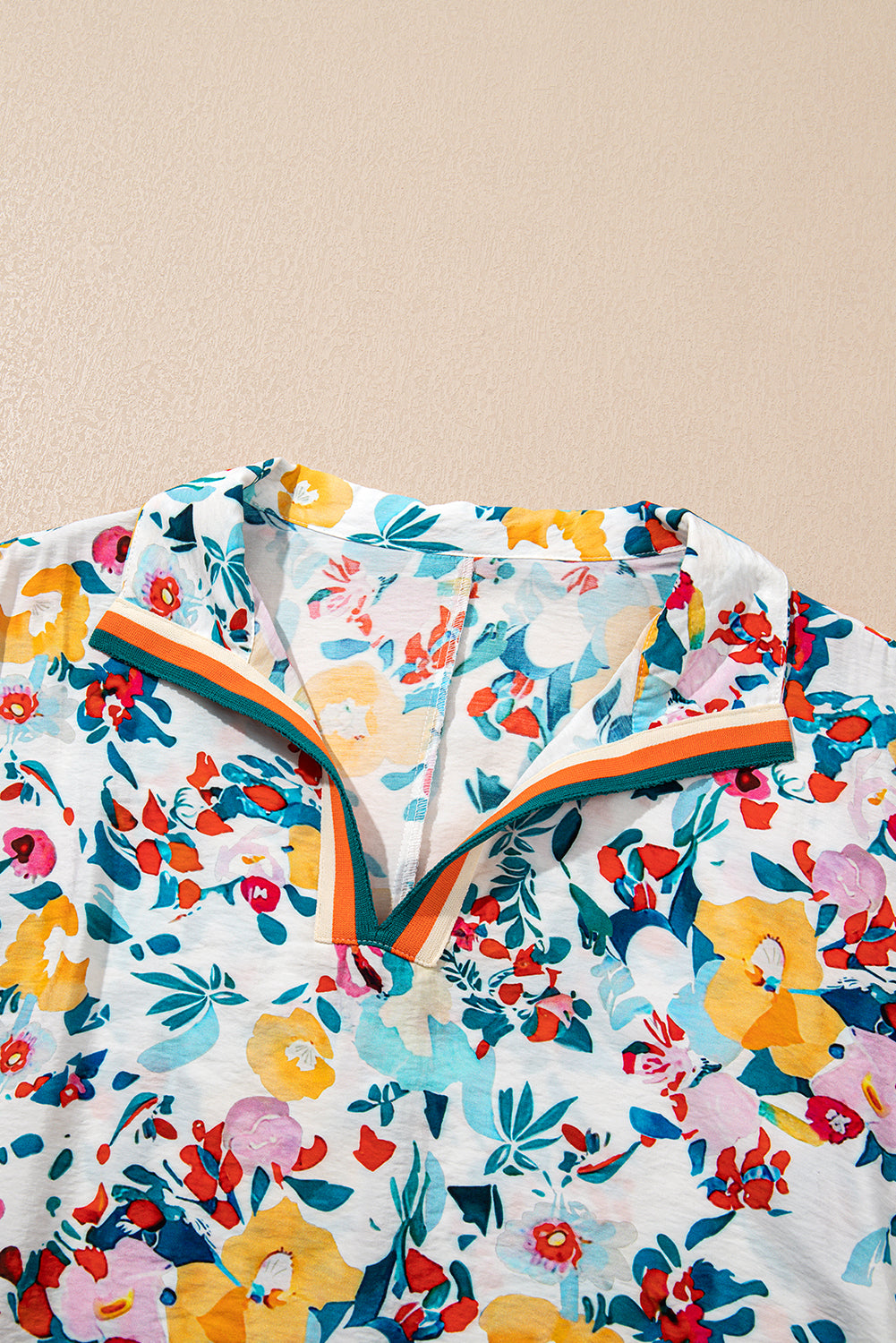 Colorful Floral Print Boho Pop of Color Neckline Blouse Shewin Blouses