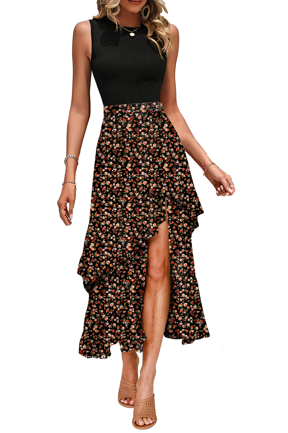 Black Floral Patchwork Asymmetric Ruffle Dress Shewin Midi Dresses