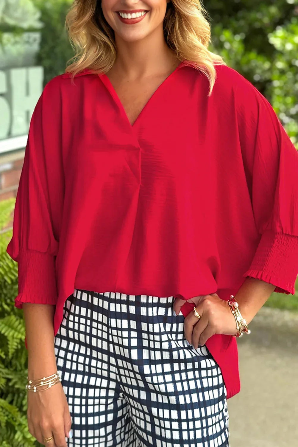 Red V Neck Collared Shirred 3/4 Sleeve Oversized Tunic Top - Bazaare Mart