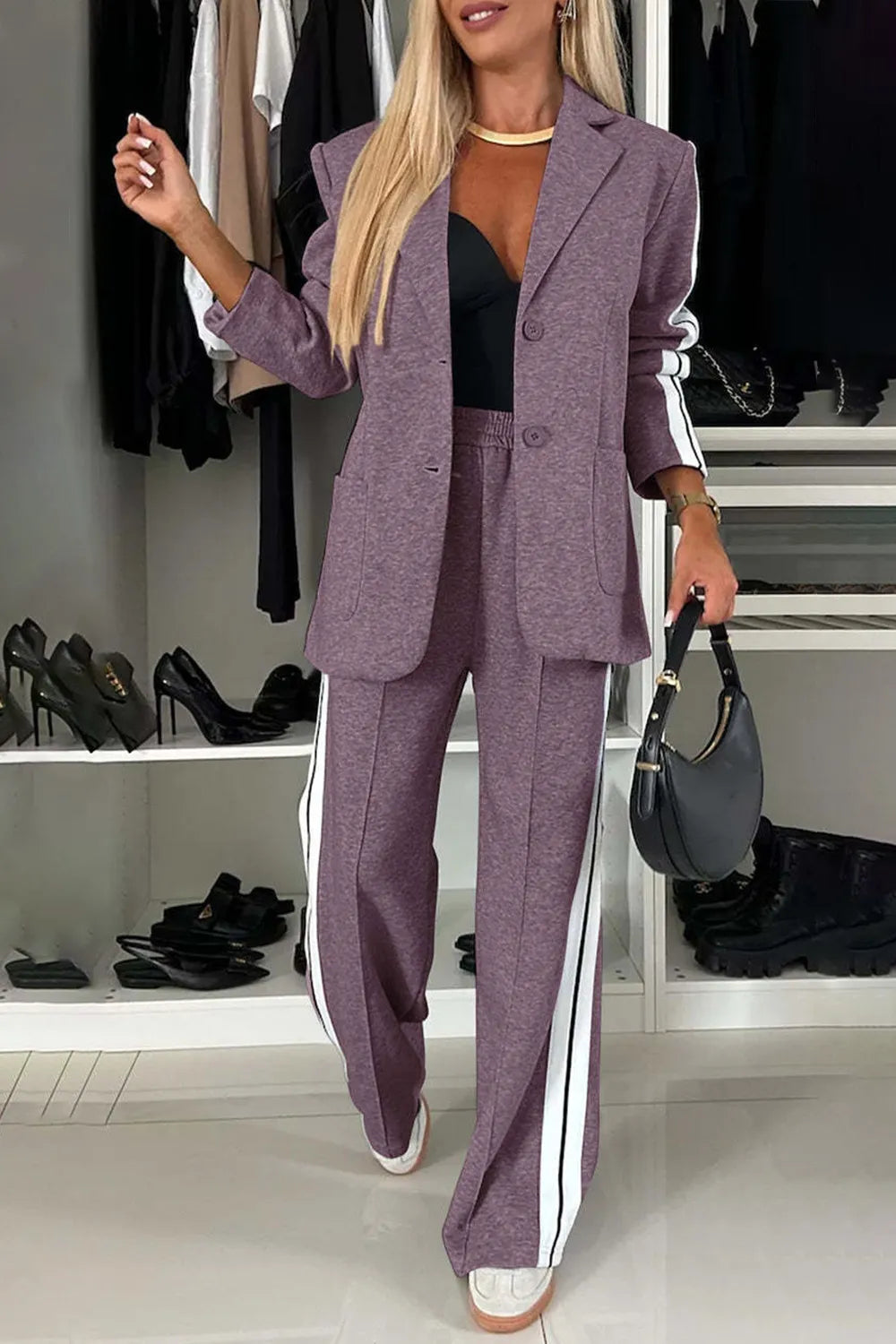 Mauve Knit Racing Stripes Pants Suits