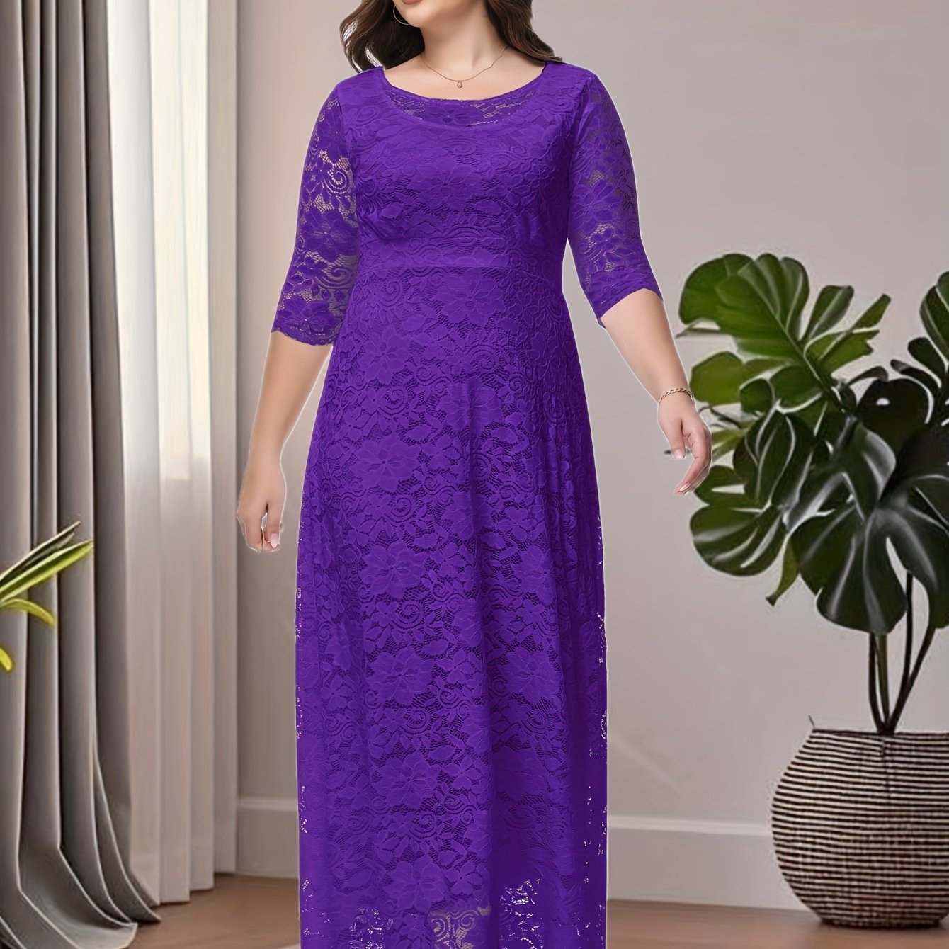 Plus Size O Neck Three Quarter Sleeve Lace Maxi Dress