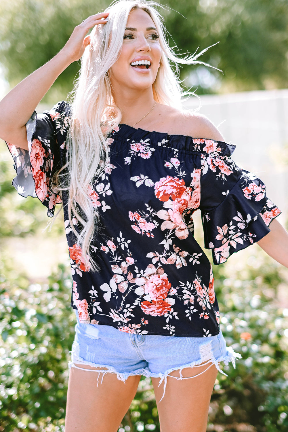 Navy Off Shoulder Flounce Sleeve Floral Blouse