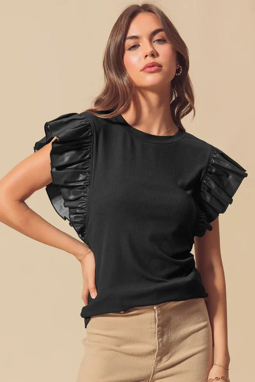 Black Leather Ruffle Sleeve Blouse Bazaare Mart Tops/Blouses & Shirts