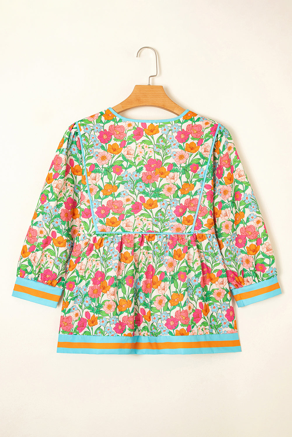 Green Floral Striped Trim Puff Sleeve Blouse Shewin Blouses
