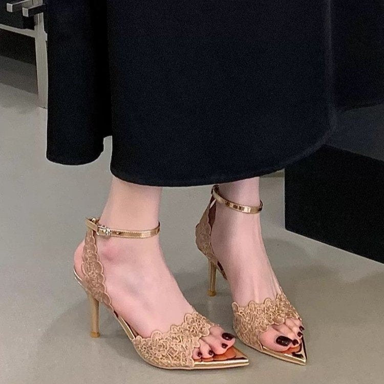 Women’s Lace Stiletto Heel Sandals – Pointed Open Toe Champagne CJ Dropshipping Lace High Heel Sandals