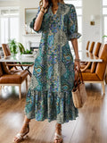 Paisley Print Ruffle Hem Midi Dress Teal Bazarre Mart Bohemian Paisley Print Ruffle Hem Midi Dress