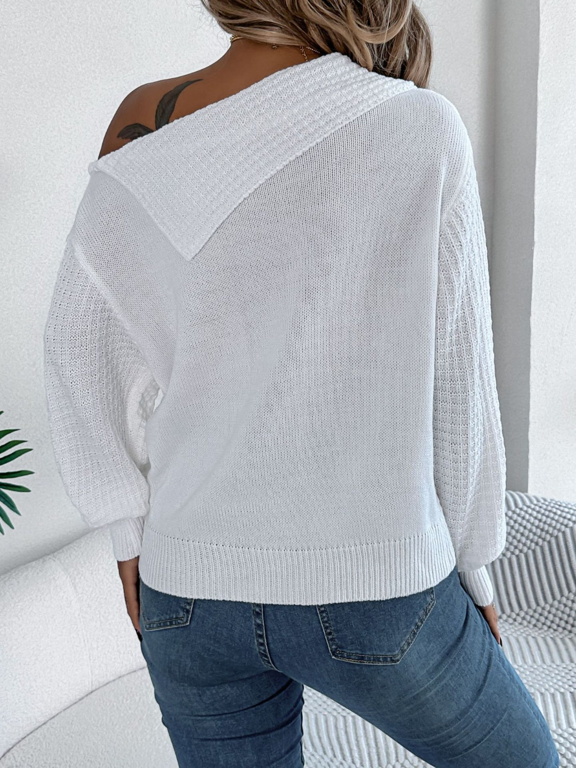 Cable-Knit Off Shoulder Long Sleeve Sweater