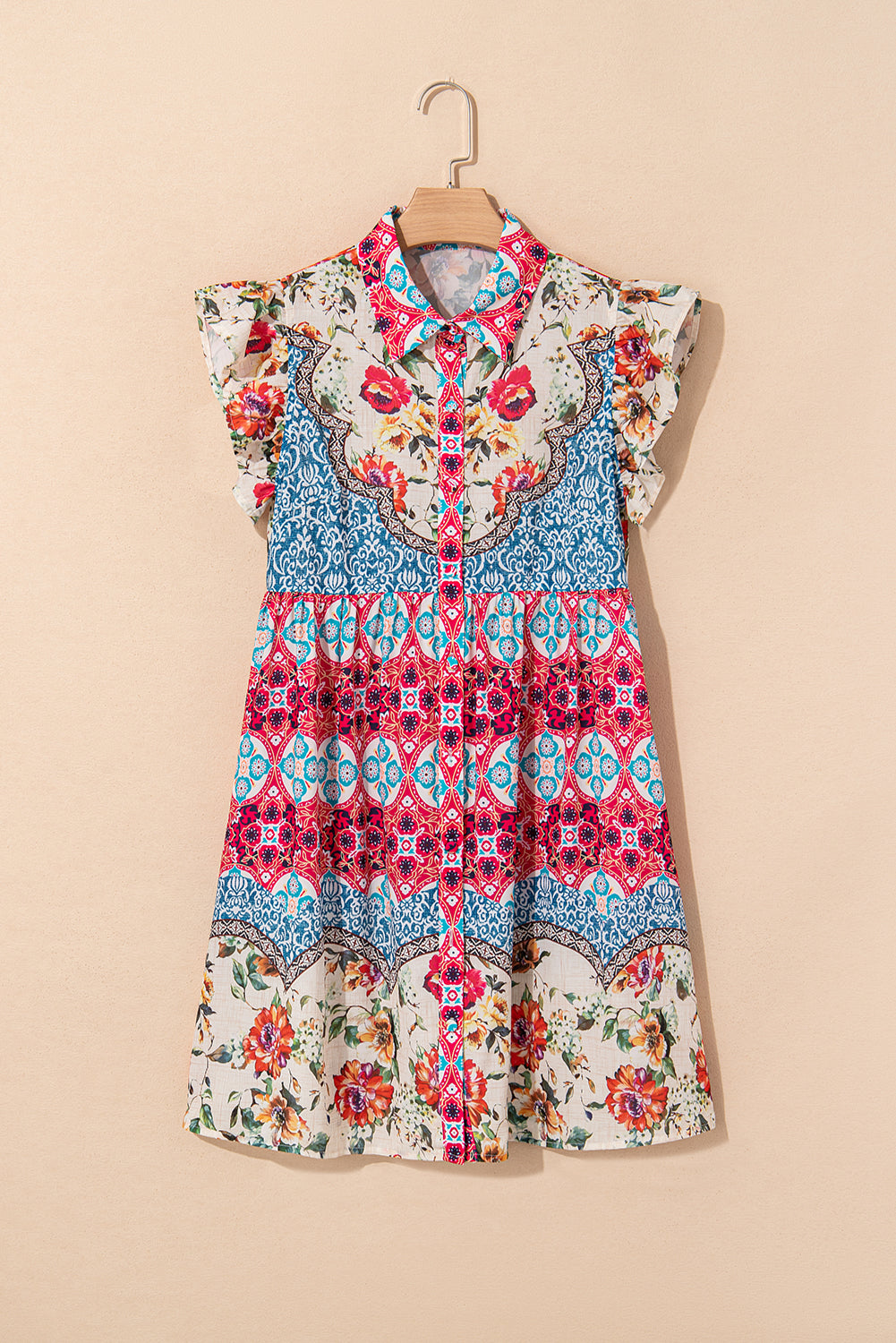 Rose Floral Ethnic Print Ruffle Mini Dress Shewin Short Dresses