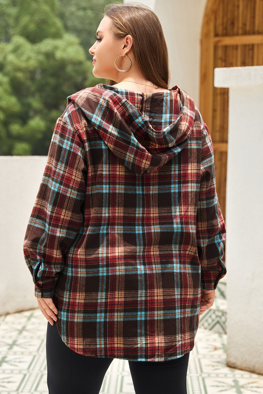 Back of Red Plus Size Plaid Kangaroo Pocket Drawstring Hoodie