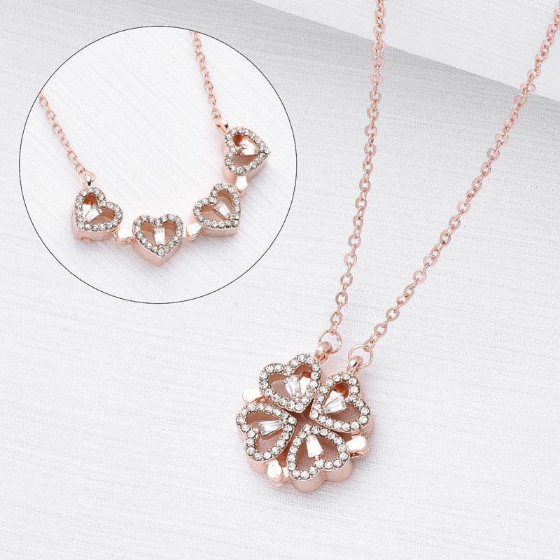 Retro Magnetic Folding Heart Shaped Four Leaf Clover Pendant Necklace Rose Gold 1PC Bazaare Mart Magnet Clover Necklace