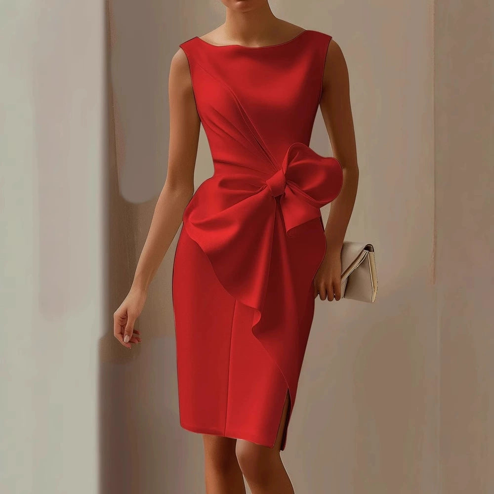 Elegant Slim Sleeveless Big Bow Dresses Red CJ Dropshipping Sleeveless Pencil Dress