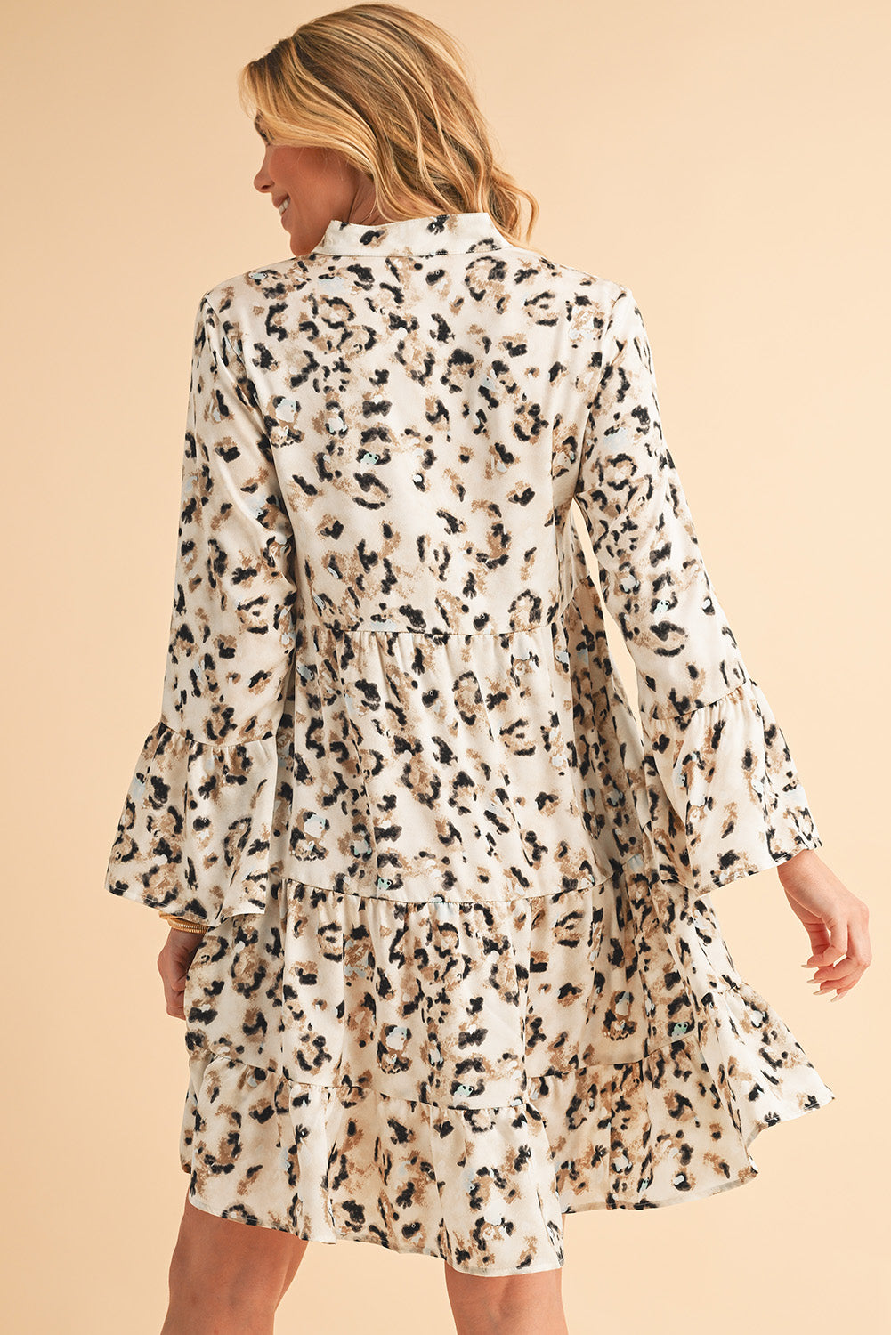 Khaki Leopard Button V Neck Pocket Flowy Mini Dress Shewin Short Dresses