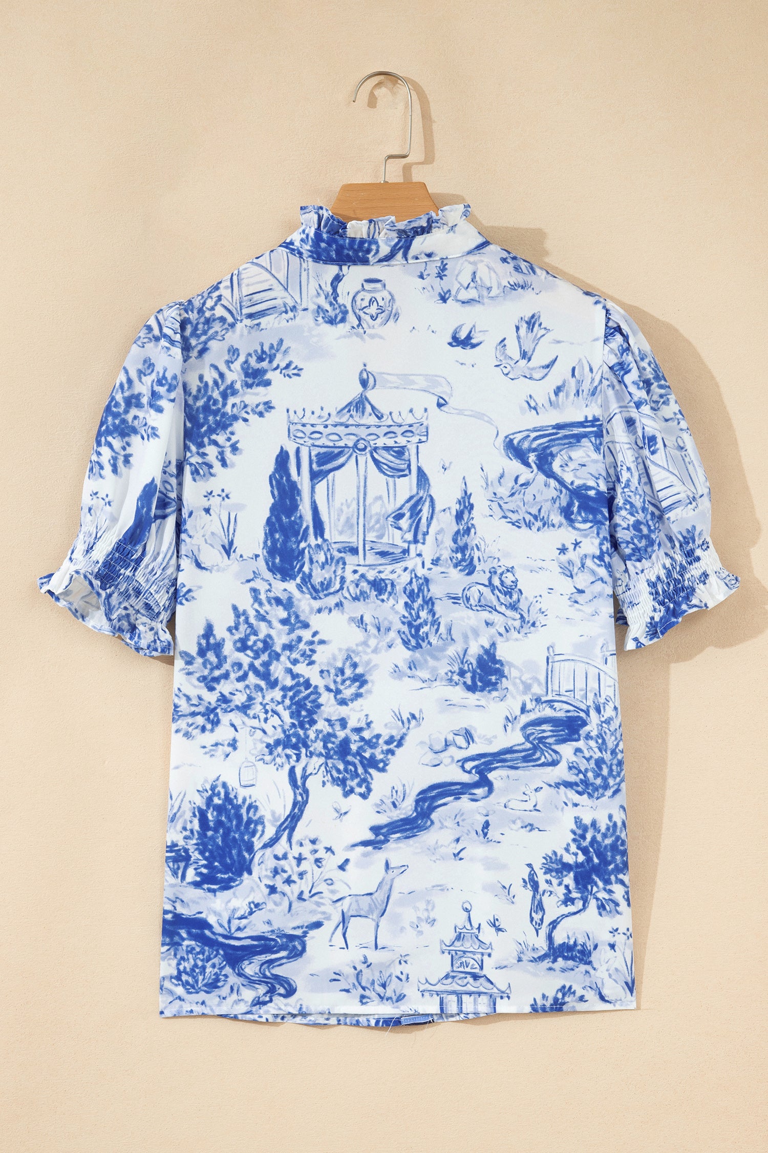 Blue Toile Print Smocked Puff Sleeve Blouse Dear-Lover Dropshipping Tops/Blouses & Shirts