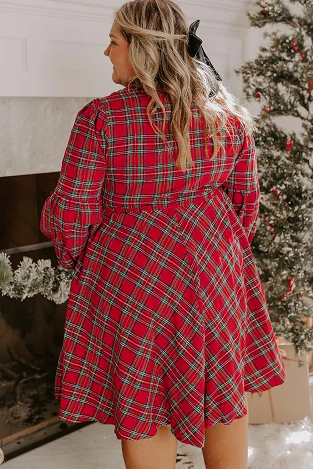 Red Plaid Half Button Long Sleeve Dress Bazaarre Mart Plus Size/Plus Size Dresses/Plus Size Mini Dresses