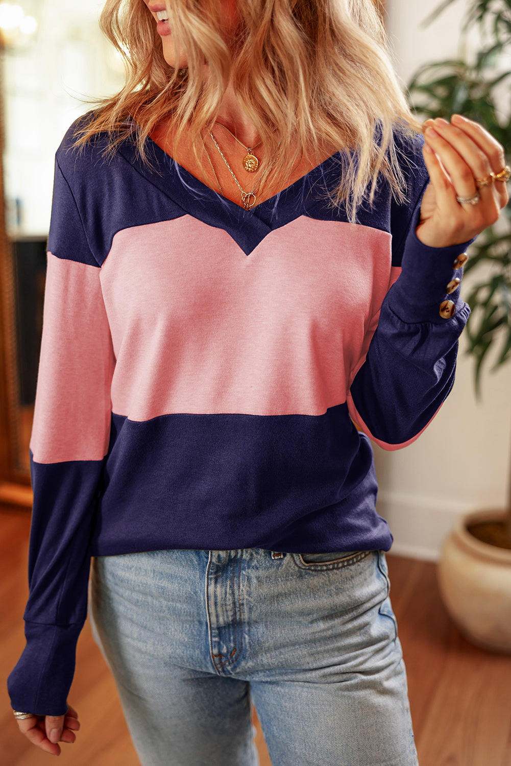 Navy & Pink Stripe Colorblock Long Sleeve V Neck Top