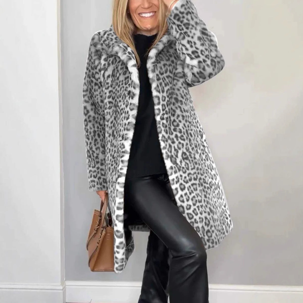 Faux Leopard Print Fur Dress Coat