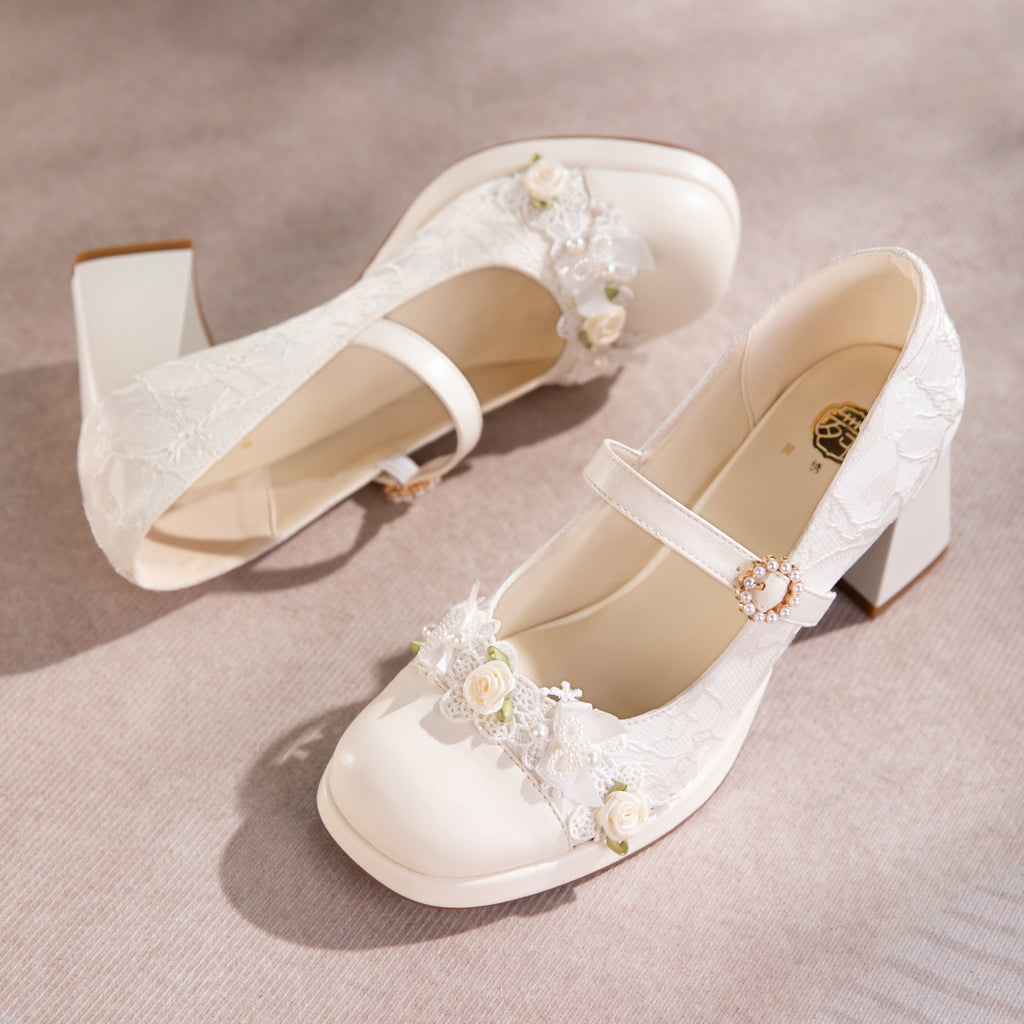 Lace Mary Jane Platform Heels – Pearl Bow Bridal Pumps | Retro Jacquard High Heels CJ Dropshipping Fancy Heeled Floral Mary Jane