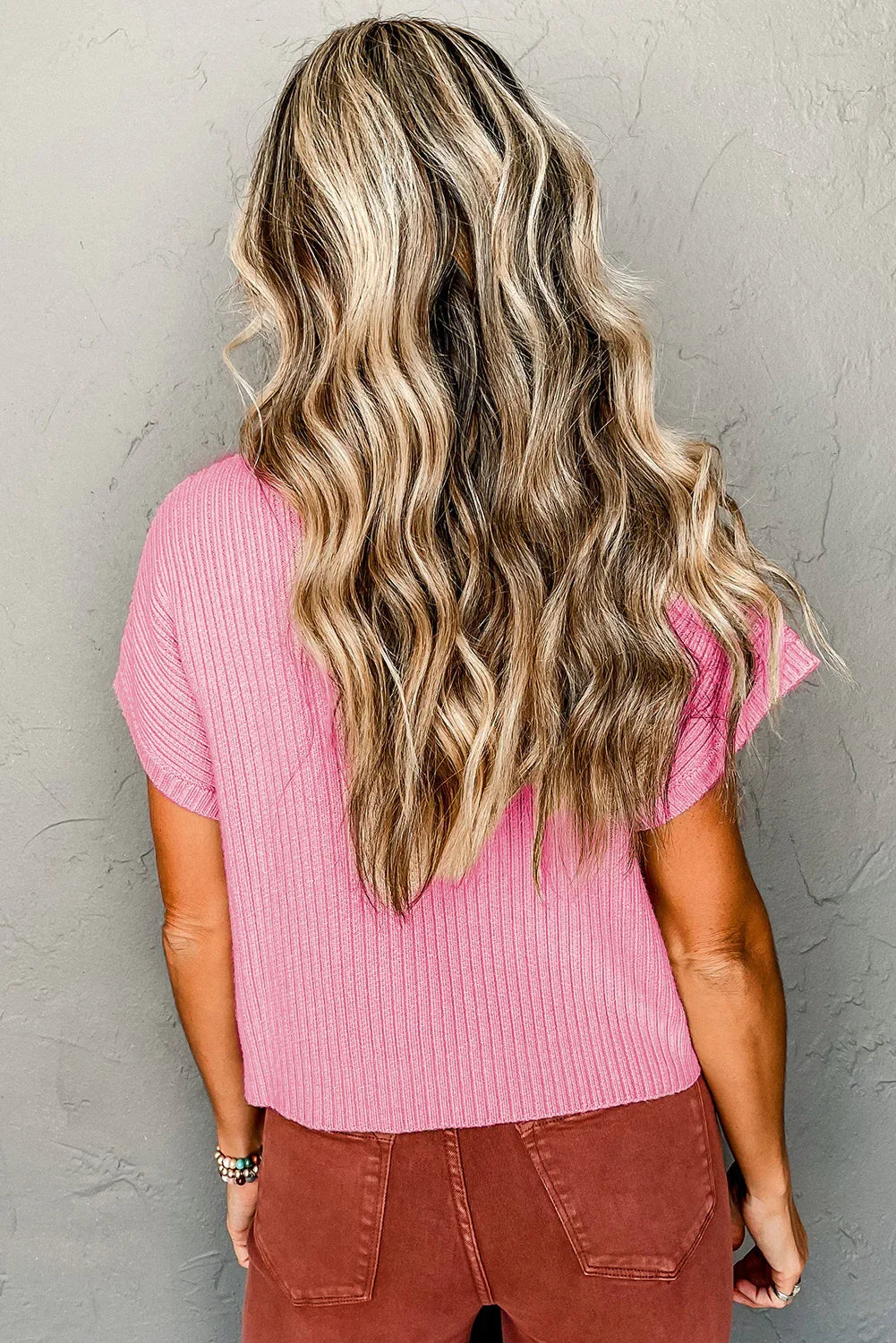 Pink Patch Pocket Ribbed Knit Short Sleeve Sweater Dear-Lover Dropshipping Sweaters & Cardigans/Short Sleeve Sweaters