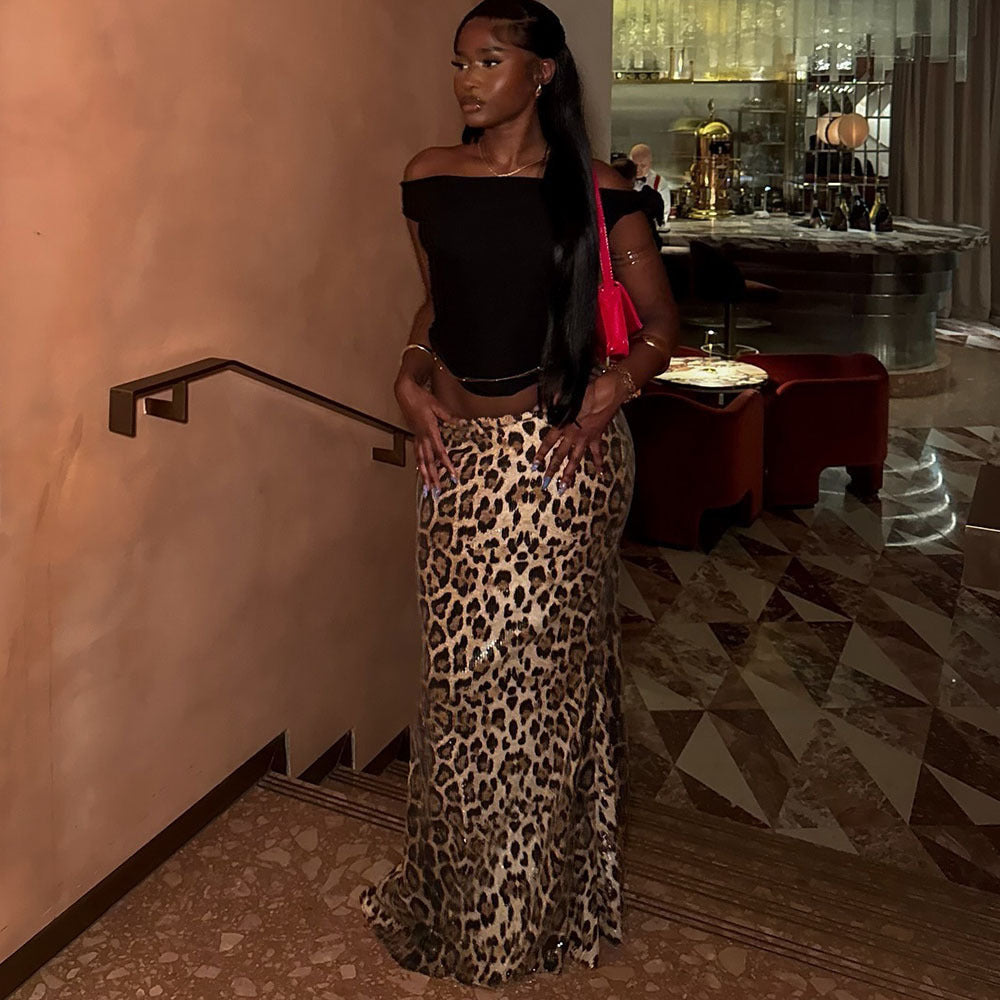Leopard Print Sequin Maxi Skirt