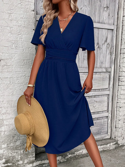 Classy Navy Surplice Flutter Sleeve Midi Dress Indigo Bazarre Mart Navy Surplice Flutter Sleeve Midi Dress