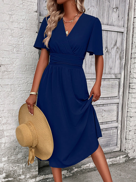 Classy Navy Surplice Flutter Sleeve Midi Dress