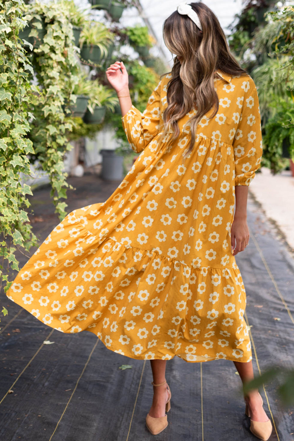 Yellow Flower 3/4 Sleeve Buttons Collared Maxi Dress