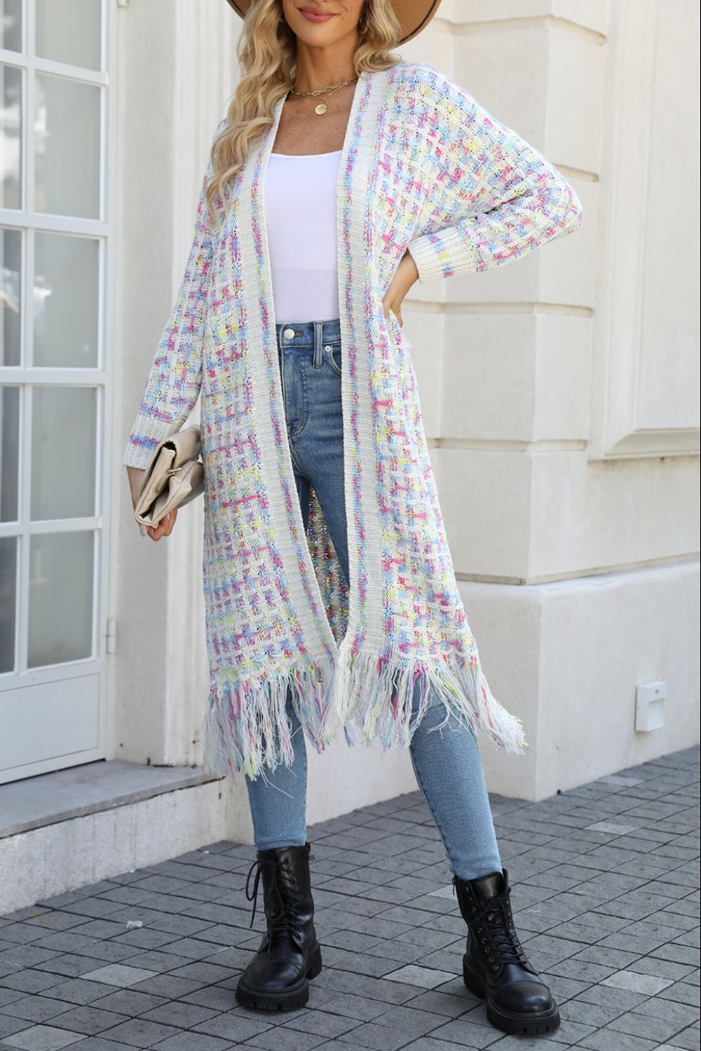 Multicolor Open Front Fringe Hem Duster Cardigan