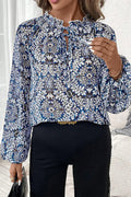 Blue Tribal Print Lace-up Frilled Neck Puff Sleeve Blouse Blue 100%Polyester Dear-Lover Dropshipping Tops/Blouses & Shirts