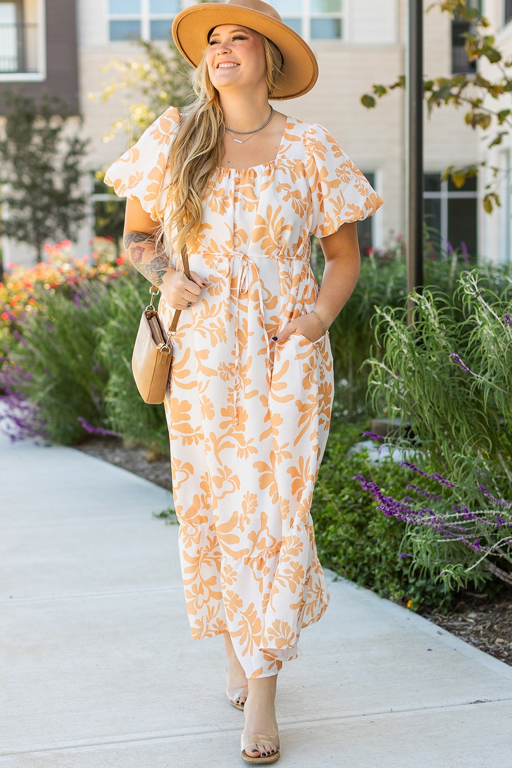Apricot Floral Puff Short Sleeve Plus Size Maxi Dress