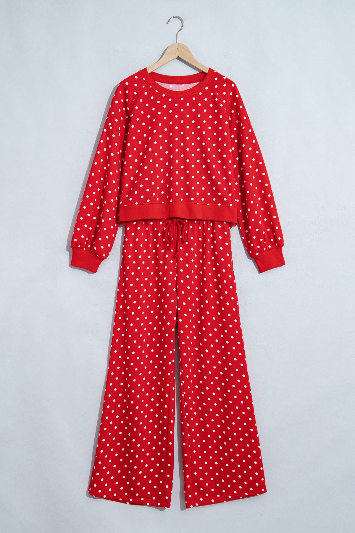 Red Polka Dot Drawstring Wide Leg Long Sleeve Top Pant Set