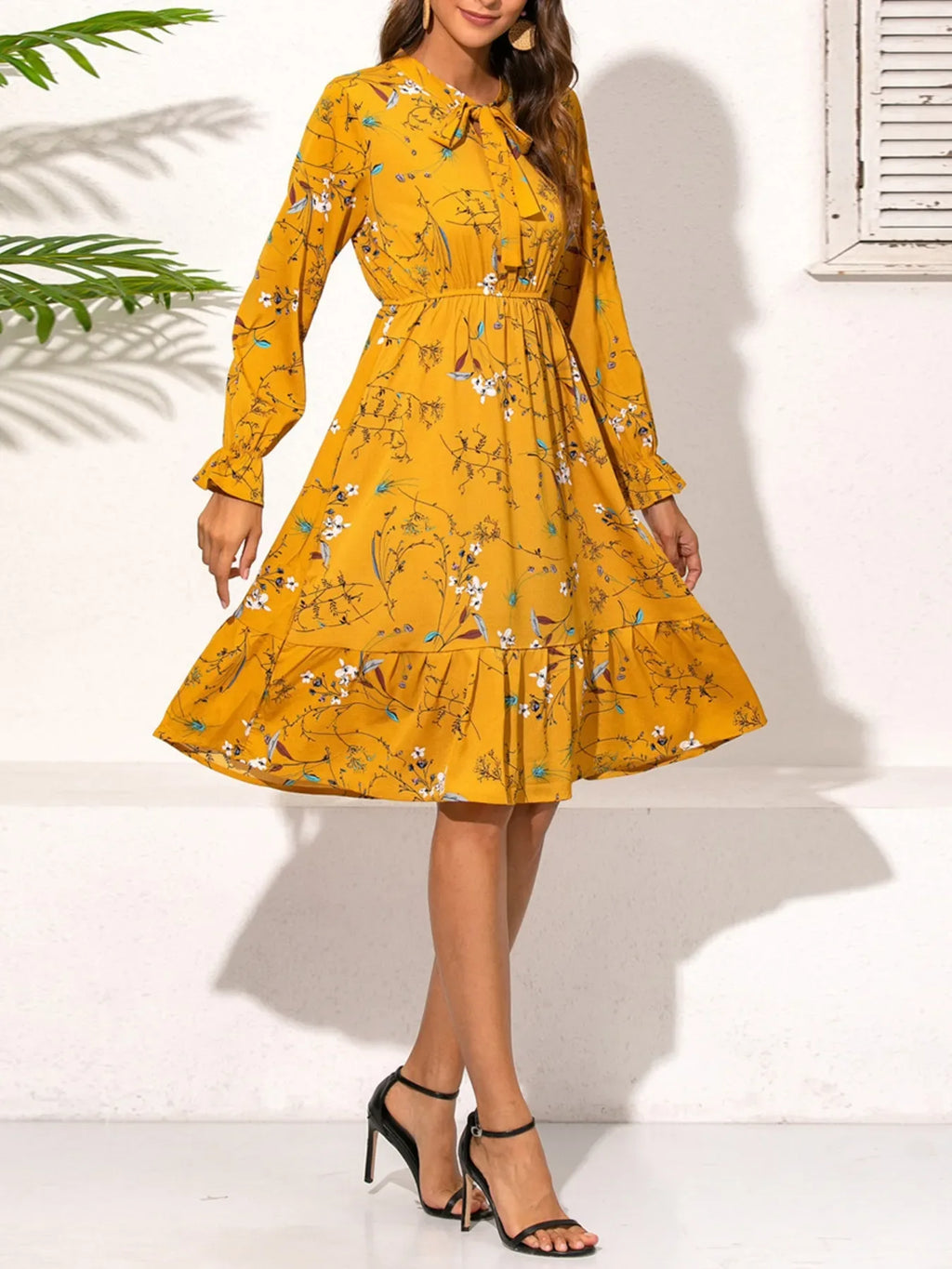 Ruffled Hem Floral Print Long Sleeve Dress Trendsi Long Sleeve Yellow Dress
