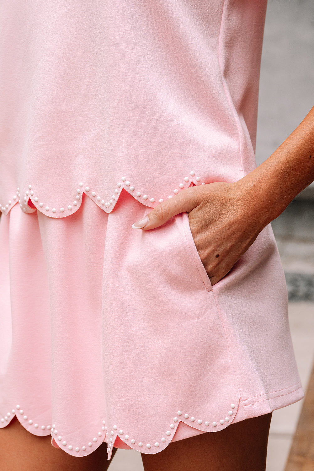 Light Pink Puff Sleeve Scallop Trim Skort Set