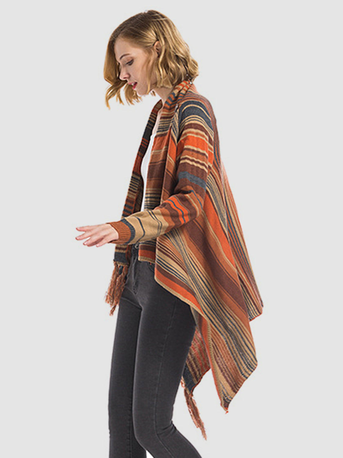 Tassel Striped Open Front Cardigan