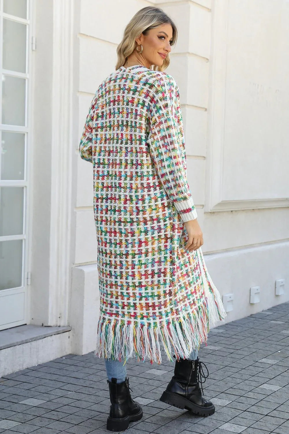 Multicolor Open Front Fringe Hem Duster Cardigan Bazarre Mart Multicolored Open Front Fringe Long Sweater