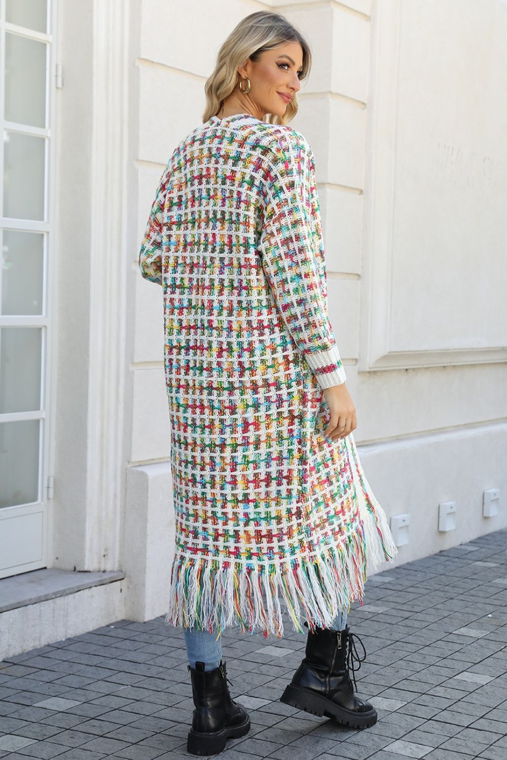 Multicolor Open Front Fringe Hem Duster Cardigan