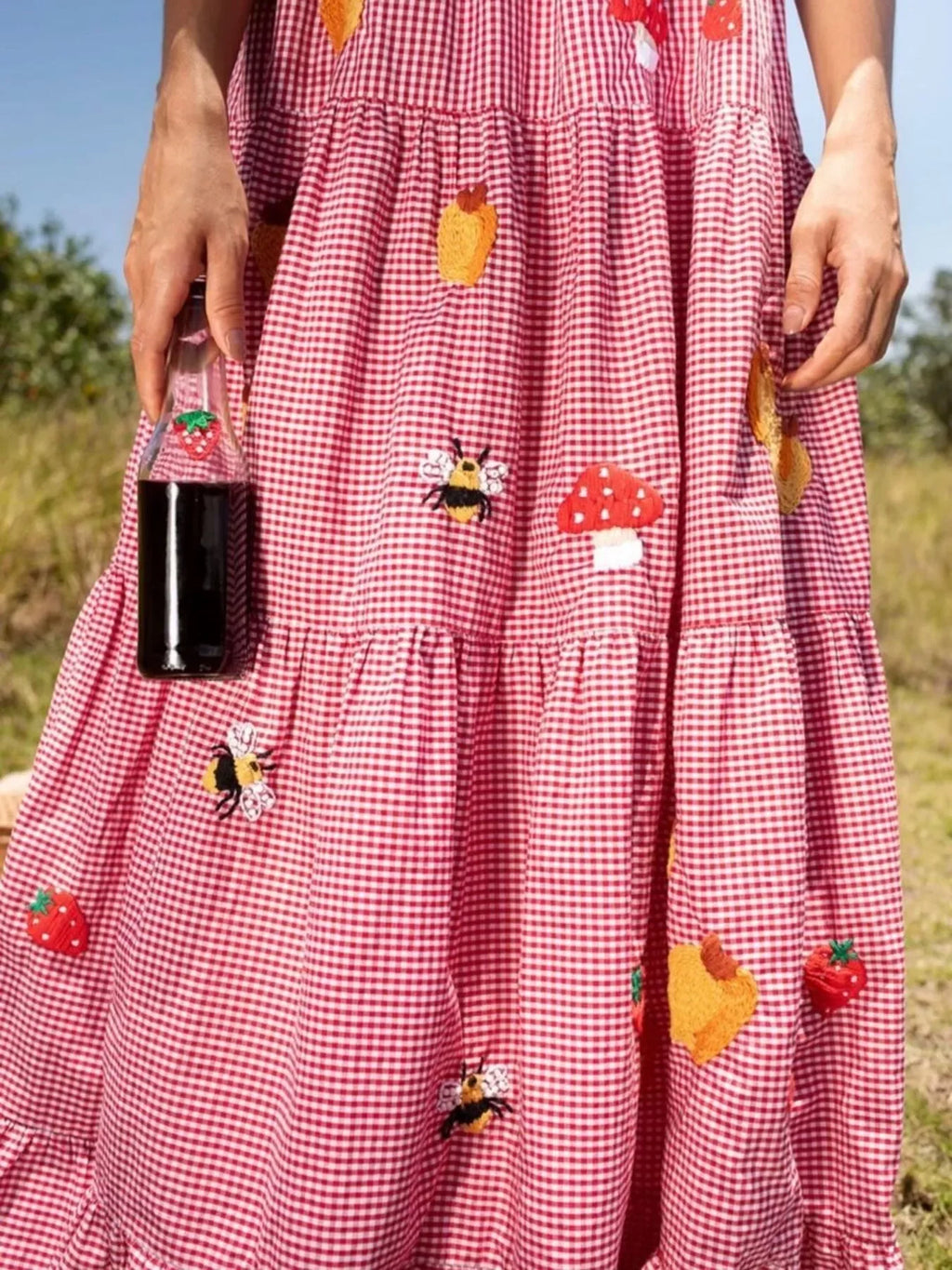 Square Neck Tiered Maxi Dress Bazaare Mart Embroidered Gingham Maxi Dress